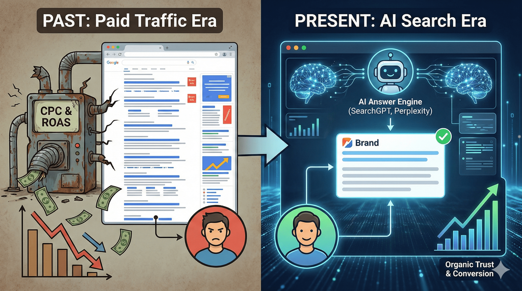 과거의 키워드 광고(CPC) 중심 트래픽 경쟁과 현재의 AI 답변 엔진(AEO) 중심의 오가닉 전환 시대를 비교한 일러스트 (Shift from Paid Traffic to AI Answer Engine Optimization)