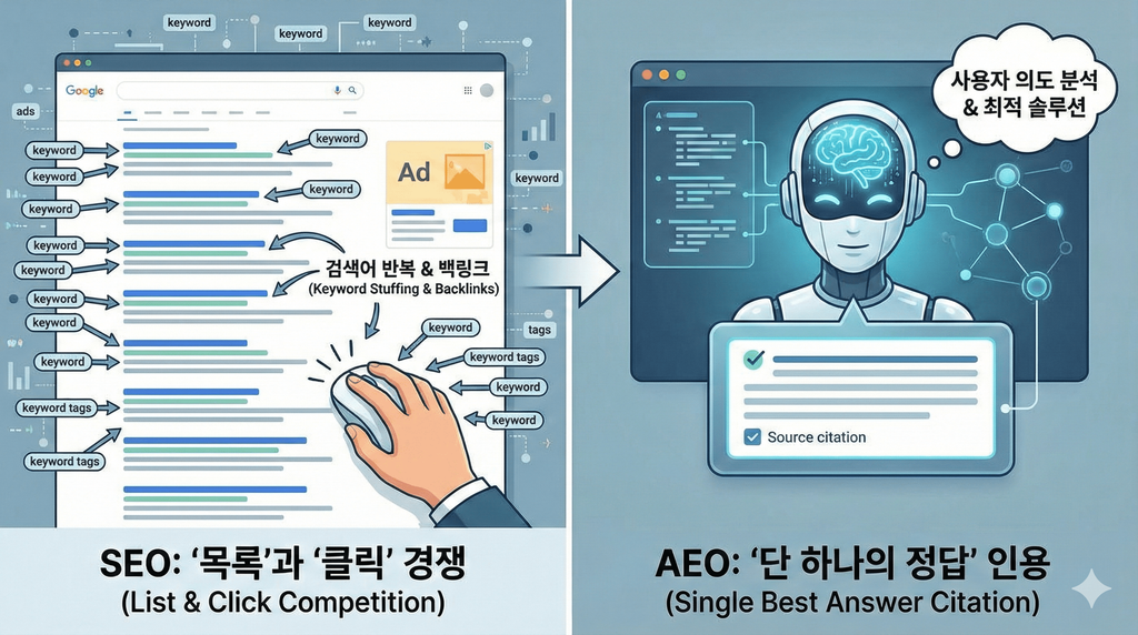 목록과 클릭 경쟁에 치중하는 기존 SEO와 단 하나의 정답으로 인용되는 AEO의 결정적 차이를 보여주는 개념도 (The Fundamental Difference between SEO and AEO Citation)