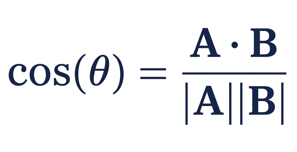 사용자의 질문 벡터 A와 브랜드 콘텐츠 벡터 B 사이의 의미론적 거리를 계산하는 코사인 유사도 공식: \cos(\theta) = \frac{\mathbf{A} \cdot \mathbf{B}}{|\mathbf{A}| |\mathbf{B}|}