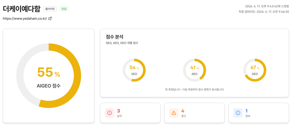 더케이예다함 GEO 페이지 진단의 예